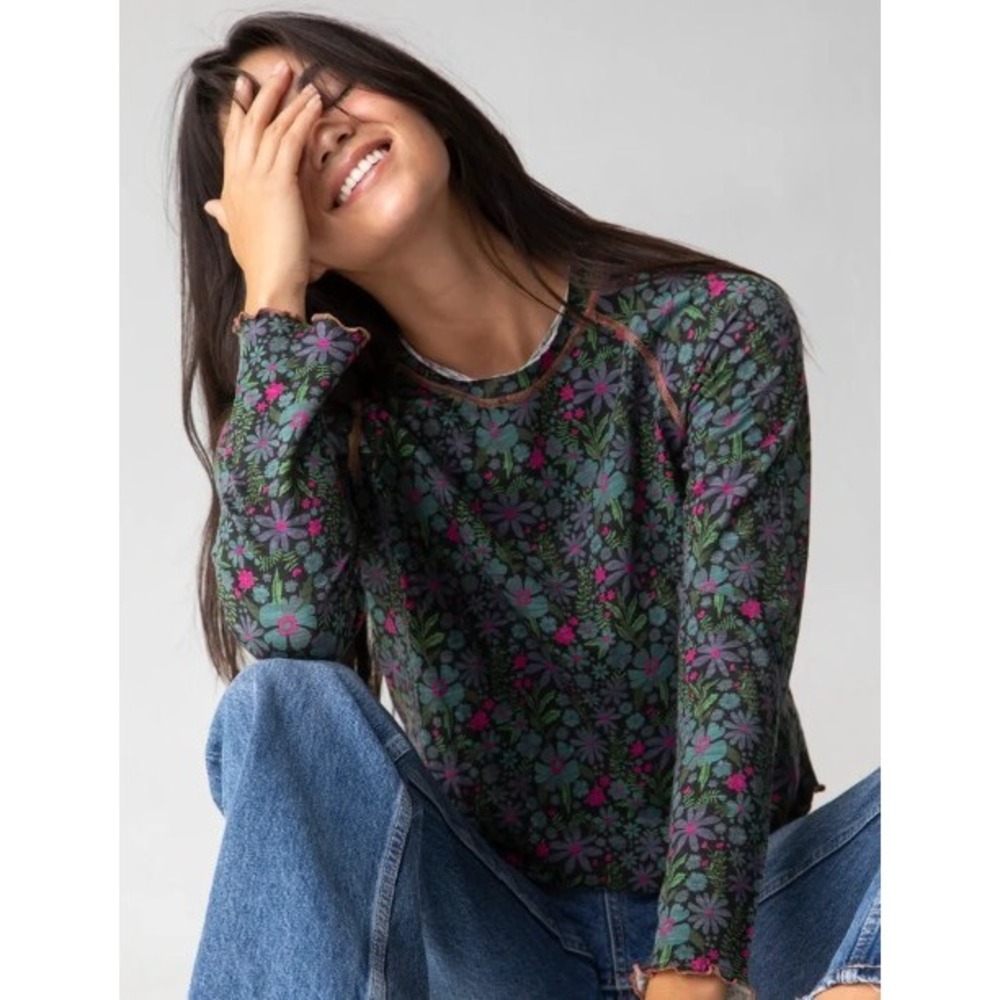 Natural Life Lily Floral Long Sleeve Cotton Top XL Teal Purple Raglan